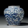 An unusual large blue and white dragon jar, Ming dynasty, late 15th-early 16th century