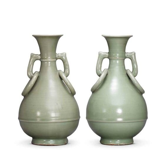 A large pair of Longquan celadon bottle vases, Ming dynasty, 17h century