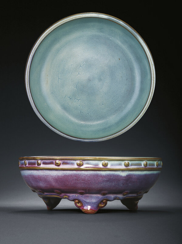 A rare 'numbered' purple glazed Junyao tripod 'narcissus' bowl, Yuan-early Ming dynasty, 14th-15th century