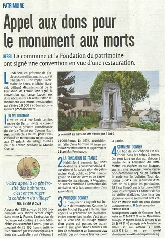 souscription monument aux morts article Journal l'Union