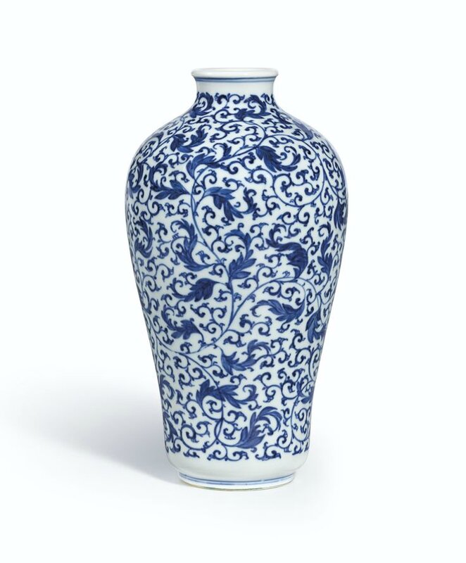 A fine and rare blue and white 'Foliate Scroll' meiping, Mark and period of Yongzheng
