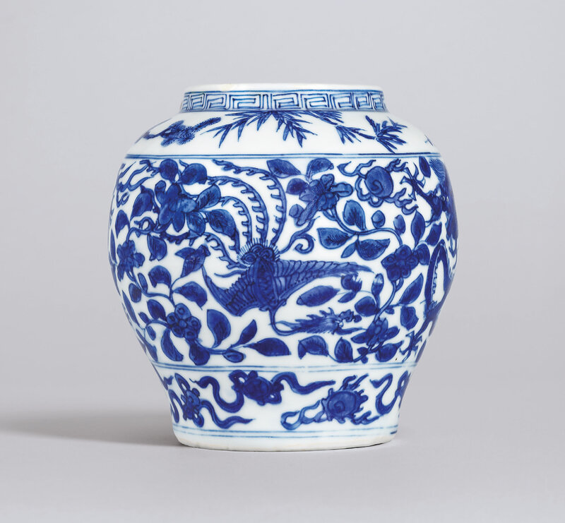 A rare blue and white 'Dragon and Phoenix' jar, Wanli six-character mark in underglaze blue within a double circle and of the period (1573-1619)