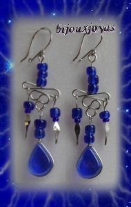 Boucles D'Oreilles Raquel Verre Murano Bleu Sapphire Métal Argenté Artisanat du Pérou