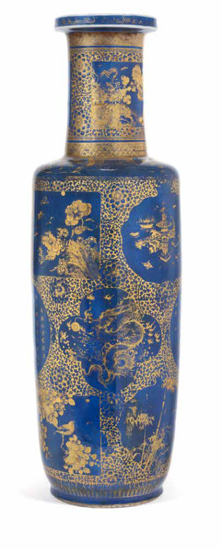 A very large powder-blue and gilt rouleau vase, Kangxi period (1662-1722)