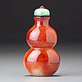 Treasury 1, no. 185: A '<b>red</b> <b>jadeite</b>' double-gourd snuff bottle. Possibly imperial, perhaps palace workshops, Beijing, 1780–1820