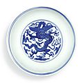 A rare <b>blue</b> <b>and</b> <b>white</b> '<b>dragon</b>' <b>dish</b>, Mark <b>and</b> period of Longqing (1567-1572)