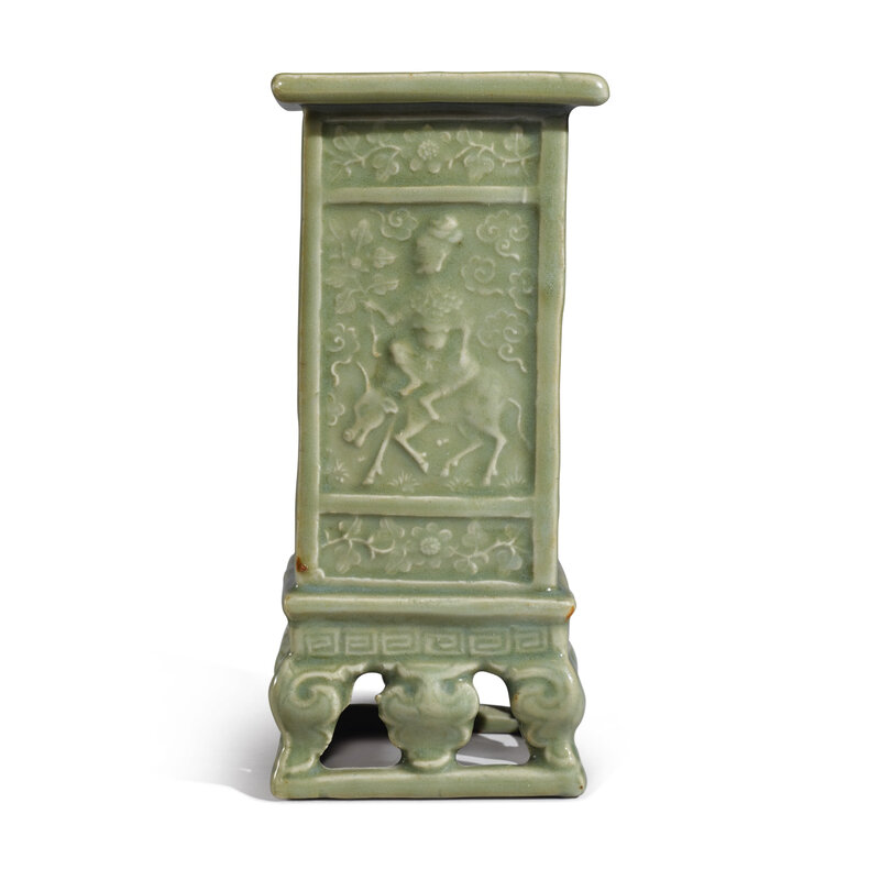 An unusual molded 'Longquan' celadon-glazed square-section 'immortals' vase, Late Ming dynasty