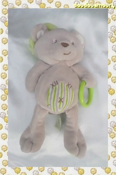 Doudou Peluche Ours d'activités Gris Beige Rayures Casquette Vert Blanc Anneau Hochet Baby Nat'