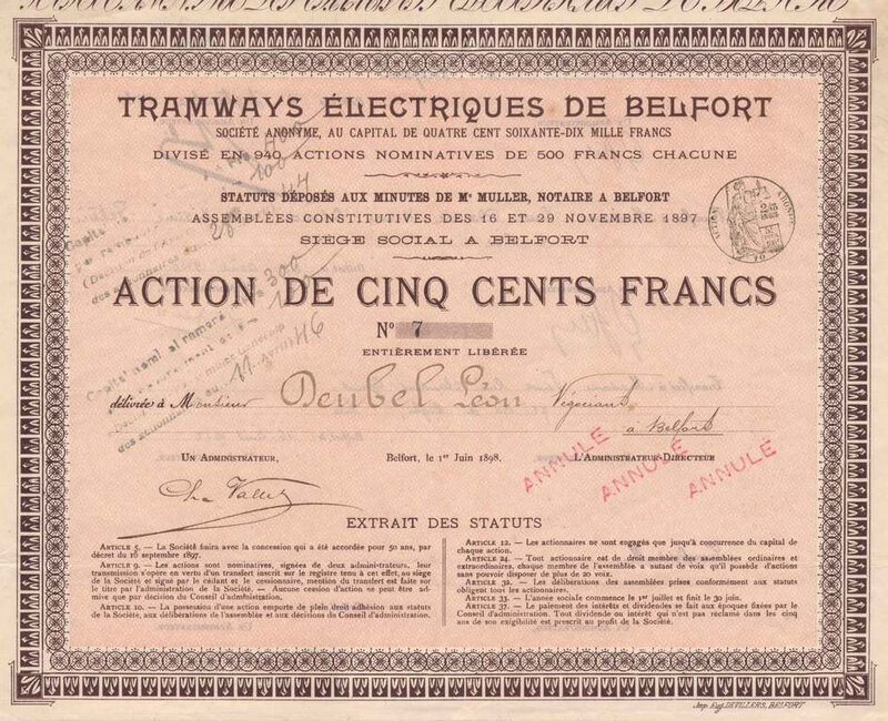 Titre Belfort Tramways 1898