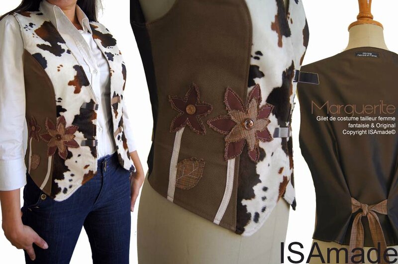 Gilet sans manches Fourrure vache marron bordeaux fleurs mod 05B