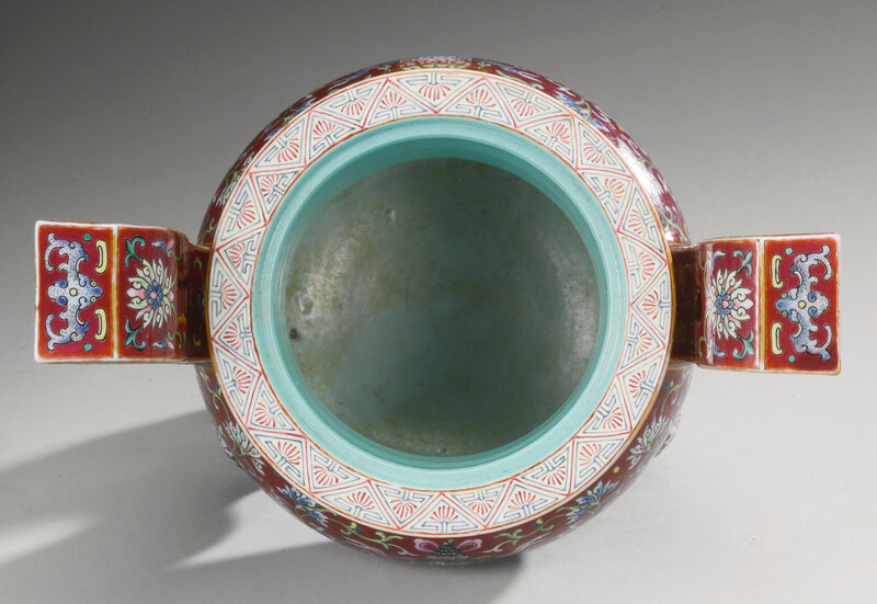 A ruby-ground famille-rose tripod censer, Jiaqing seal mark and period (1796-1820)3