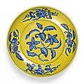 A rare <b>Yellow</b>-<b>Ground</b> <b>Blue</b> <b>And</b> <b>White</b> 'Gardenia' Dish, Mark <b>and</b> Period of Zhengde (1506-1521)