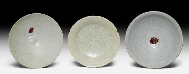 Three Qingbai glazed dishes with incised and combed floral designs, China, Southern Song dynasty