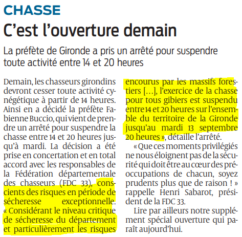 2022 09 10 SO Arrêté suspension chasse pour sécheresse