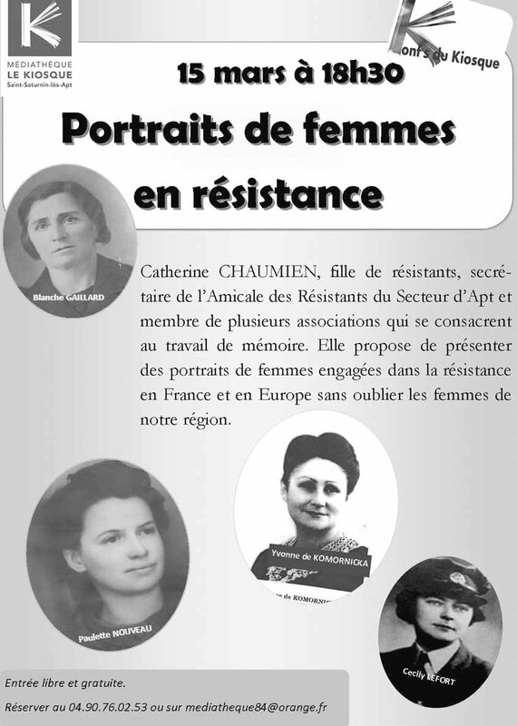 Affiche conférence "Portraits de femmes en Résistance, Saint Saturnin lès Apt, 15 mars 2019