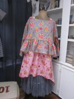 Blouse CERISE en coton gris imprimé fleurs et oiseaux rose vert jaune (3)