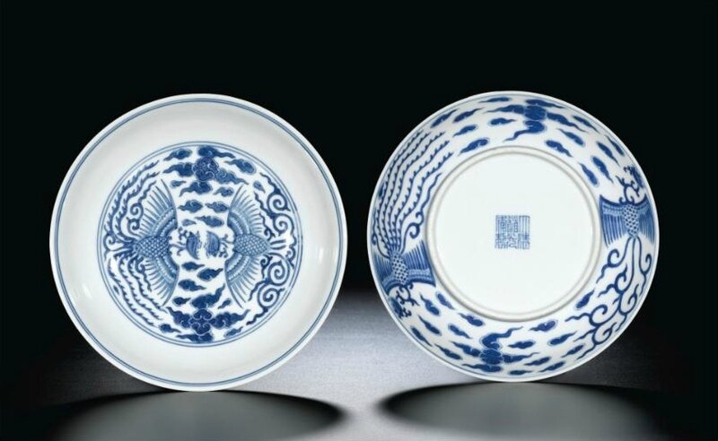 A fine pair of blue and white 'Phoenix' dishes, seal marks and period of Daoguang (1821-1850)