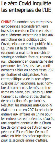 2022 06 21 SO Le zéro Covid inquiète les entreprises de l'UE