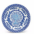 A rare and impressive blue and white Iznik pottery <b>dish</b>, Ottoman Turkey, circa 1530-35