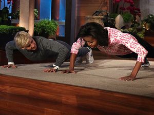 Michelle Obama and Ellen De Generes doing push ups