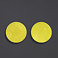 A fine pair of lemon-yellow enamelled saucer dishes, Marks and period of Yongzheng 