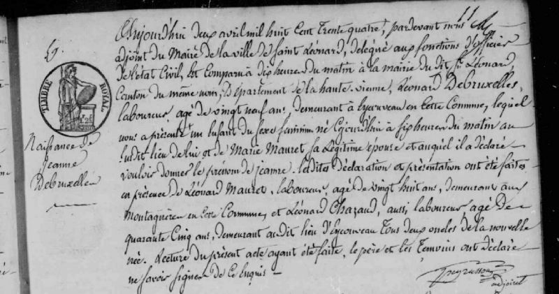 ° DEBRUXELLE jeanne  1834 St Leonard de Noblat Epouse BASSET Francois