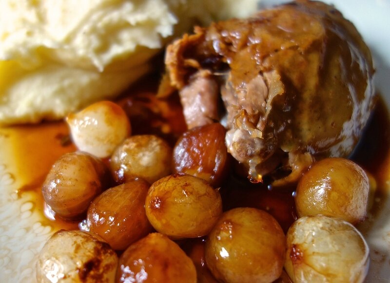 pintade chaponnée au miel et au pamplemousse, purée à la vanille