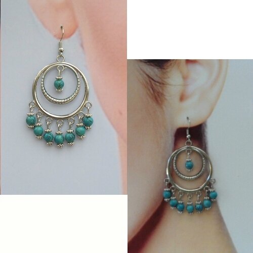 Boucles d'Oreilles Style Bohème Aheli Perles Turquoise Argent Du Tibet