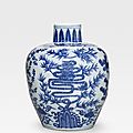 A blue and white porcelain '<b>Shou</b>' <b>character</b> <b>jar</b>, Ming dynasty, Wanli six-<b>character</b> mark and of the period (1573-1620)