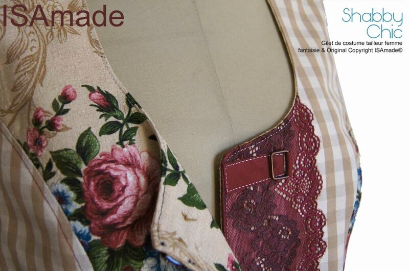 Gilet sans manches femme tailleur fantaisie Shabby Chic fleurs vichy dentelle beige Bordeaux mod 06D copier
