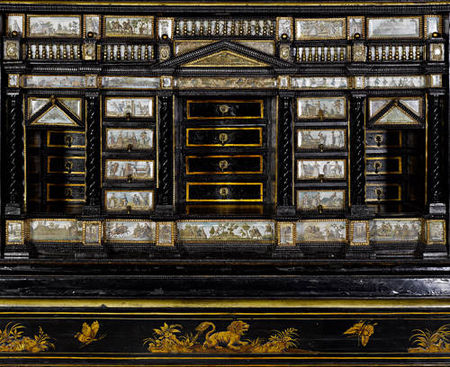 An_Italian_mid_19th_century_black_and_gilt_Japanned_and_painted_cabinet_on_stand2