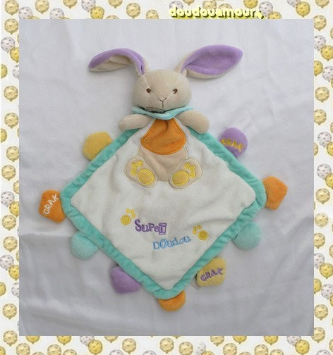 Doudou Lapin Plat Blanc Et Bleu Etiquettes Crak Super doudou Babynat