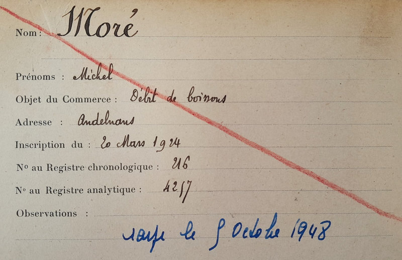 1924 Fiche registre commerce Moré Michel Voir 4257R