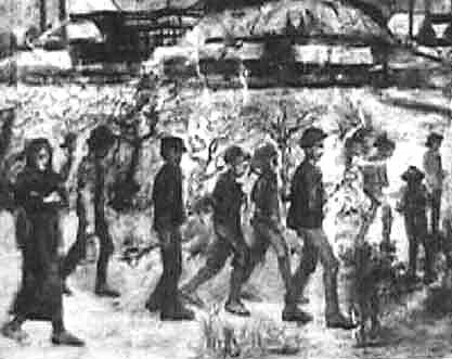 Dessin Van Gogh - mineurs marchant dans la neige