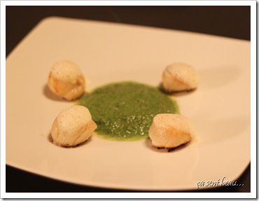 Noix de St Jacques snackées, velouté de mâche et wasabi, sur un air de chorizo-1