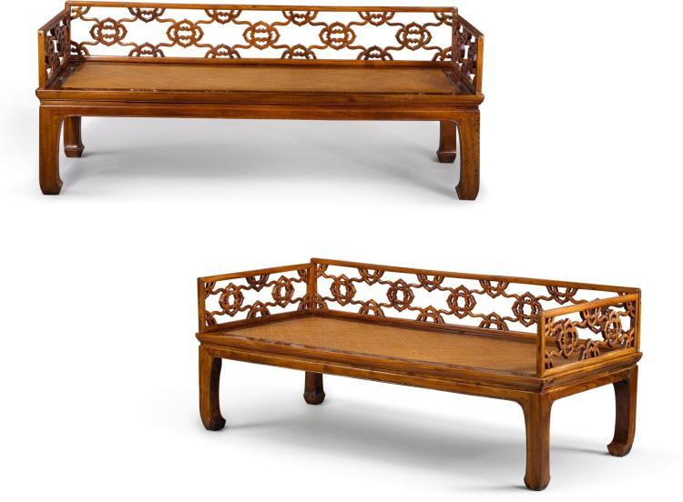 Two Southern elm wood three-rail couch-beds, Qing dynasty, 19th century