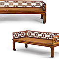 Two Southern elm wood three-rail <b>couch</b>-<b>beds</b>, Qing dynasty, 19th century