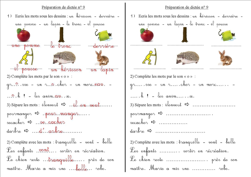 prep dictee n° 9 completee CE1