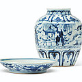A <b>blue</b> and white 'windswept' jar and <b>blue</b> and white 'dragon' dish jar, Ming dynasty, 16th century; dish, Qing dynasty, 18th cent