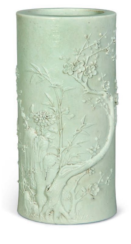 A carved pale celadon-glazed brush pot, bitong, Daoguang period (1821-1850)