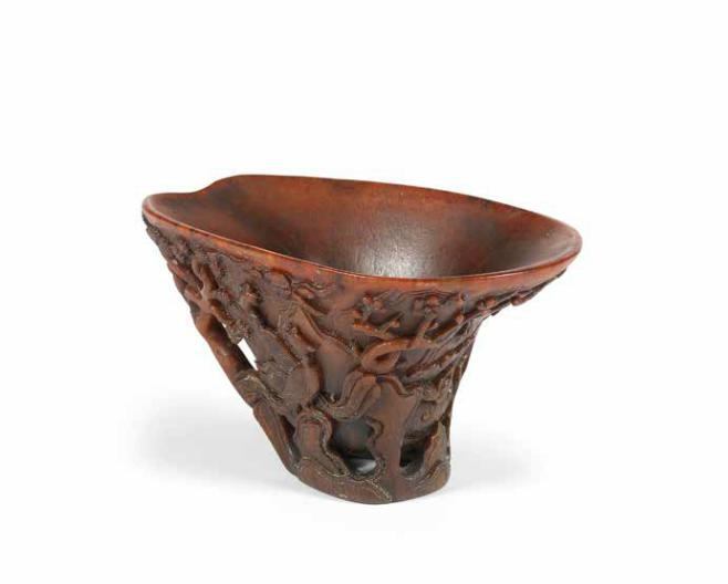 A rhinoceros horn 'auspicious birds' libation cup, 17th-18th century