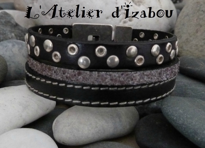 P1160490 Bracelet femme manchette rock cuir cousu noir, cuir riveté noir et cuir texturé anthracite fermoir aimanté sécurisé