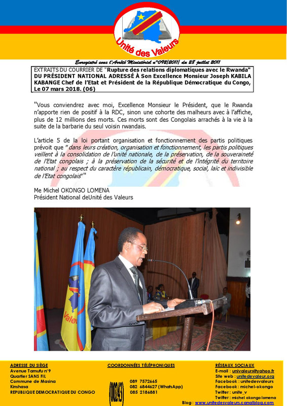 EXTRAITS DU COURRIER DE Rupture des relations diplomatiques avec le Rwanda DU PRÉSIDENT NATIONAL ADRESSÉ À Son Excellence Monsieur Joseph KABILA KABANGE (06)-page-001