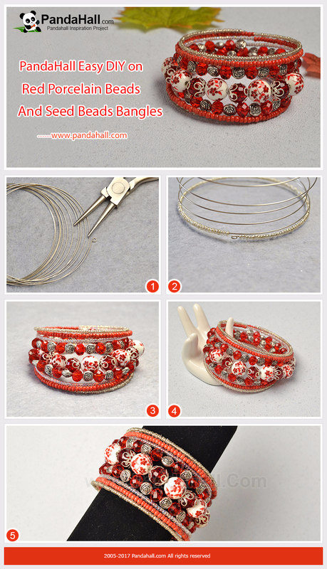 6-Red Porcelain Beads and Seed Beads Bangles