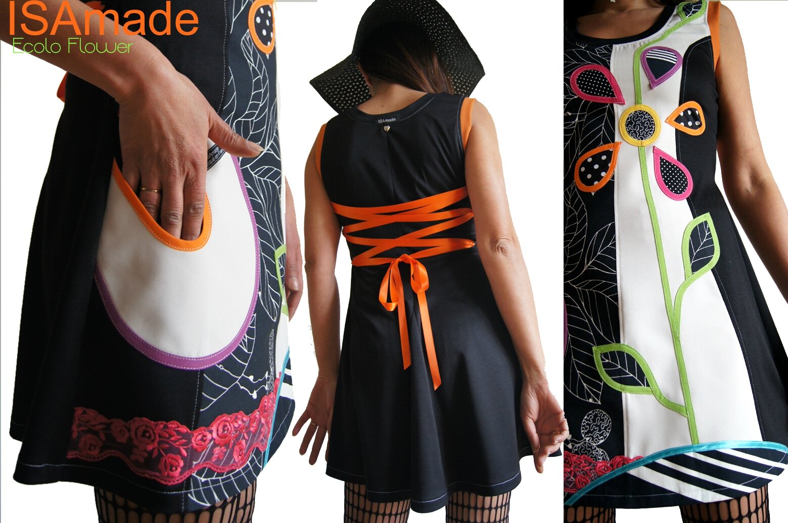 Robe maille Noire écru Look graphique & patch Fleur 70's stylisée à pois et dentelle Rose fuchsia 