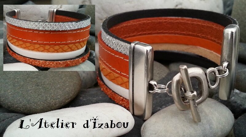 20150708_182745 bracelet manchette mulitcuirs orange et blanc, pailleté, serpent, cousu et fermoir toggle carré