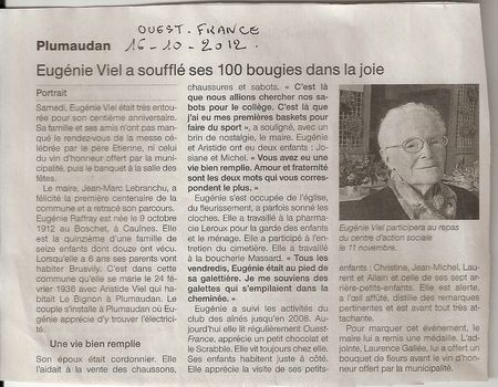 Article ouest france 100 ans mémé 16-10-2012