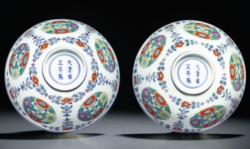 A pair of doucai 'floral medallion' bowls, Yongzheng six-character mark within double circles and of the period (1723-1735)