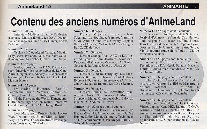 Revue Animeland Index Revue Animeland15 199409