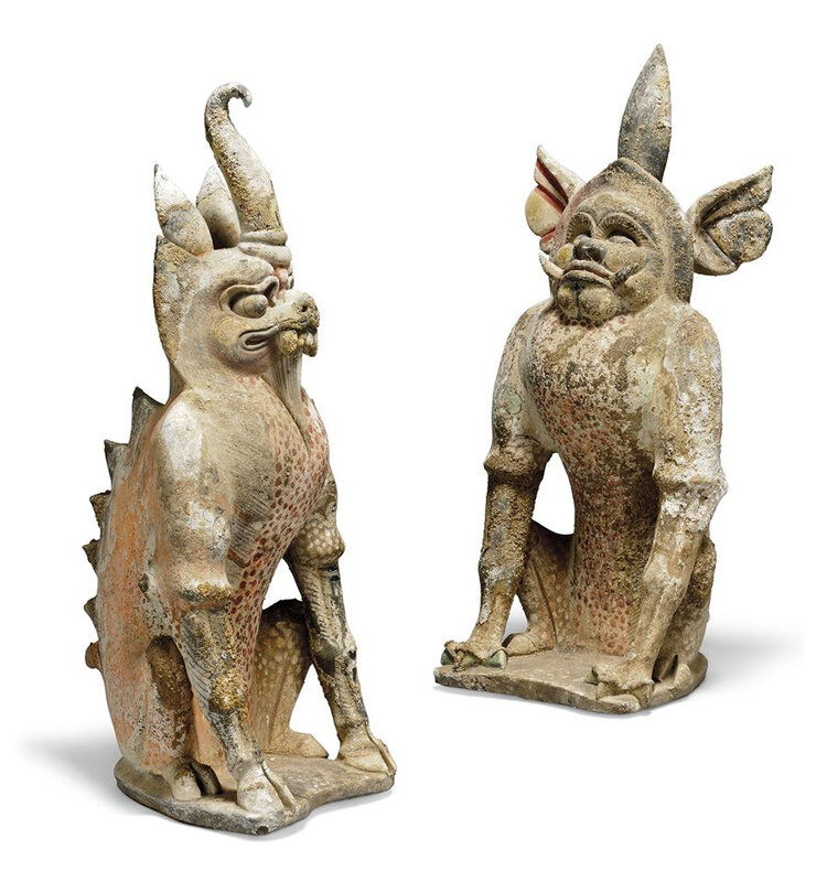 Two rare painted pottery figures of earth spirits, zhenmushou, Tang dynasty (618-908)